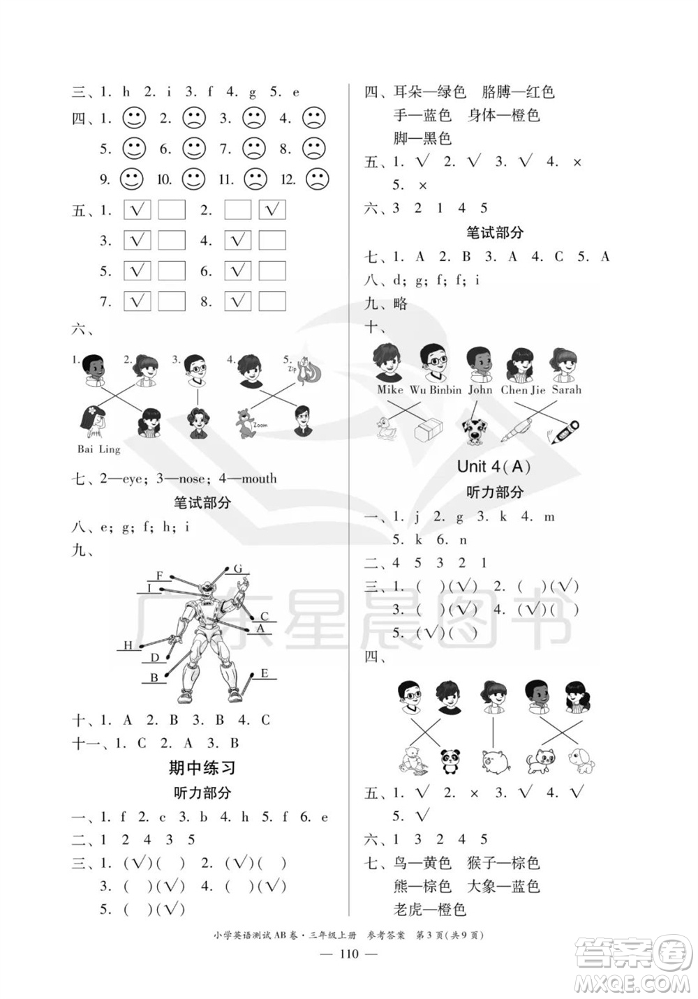 華南理工大學(xué)出版社2023年秋小學(xué)英語(yǔ)測(cè)試AB卷三年級(jí)上冊(cè)人教版佛山專版參考答案