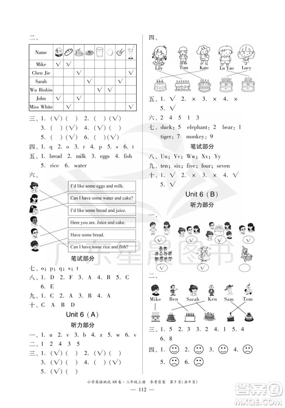 華南理工大學(xué)出版社2023年秋小學(xué)英語(yǔ)測(cè)試AB卷三年級(jí)上冊(cè)人教版佛山專版參考答案