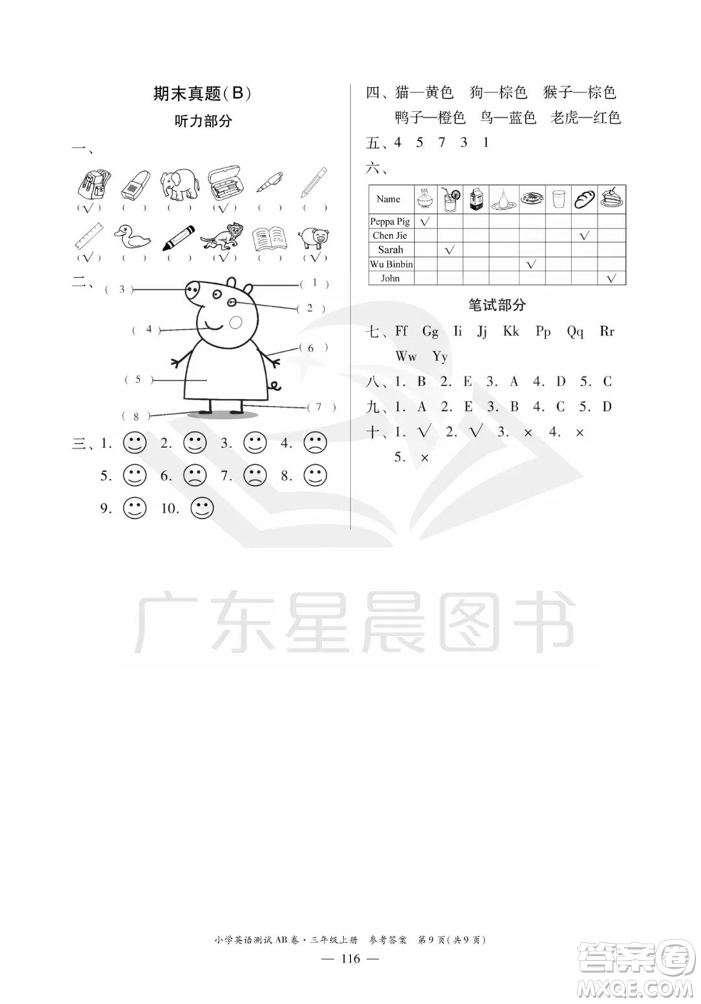 華南理工大學(xué)出版社2023年秋小學(xué)英語(yǔ)測(cè)試AB卷三年級(jí)上冊(cè)人教版佛山專版參考答案