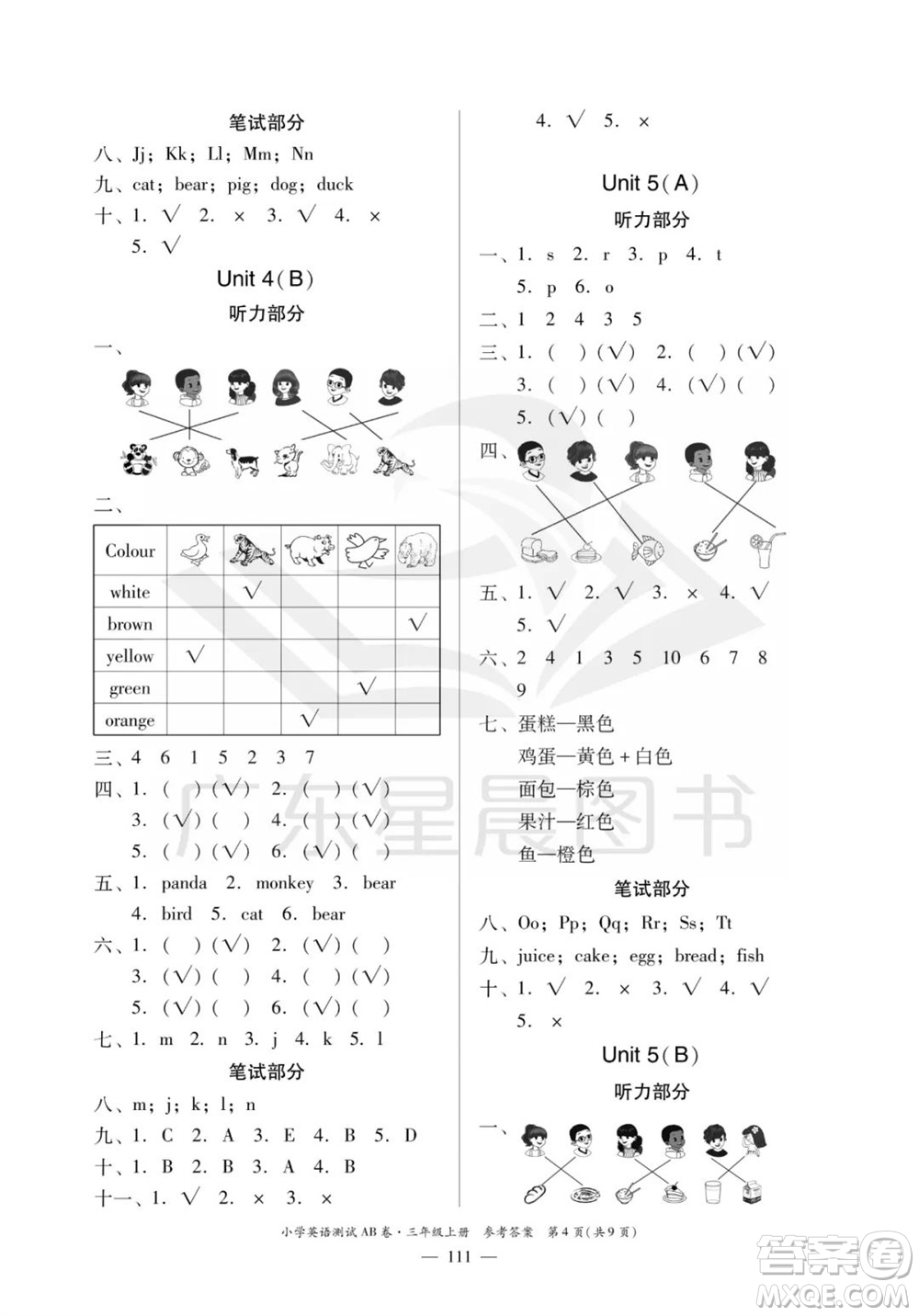 華南理工大學(xué)出版社2023年秋小學(xué)英語(yǔ)測(cè)試AB卷三年級(jí)上冊(cè)人教版佛山專版參考答案