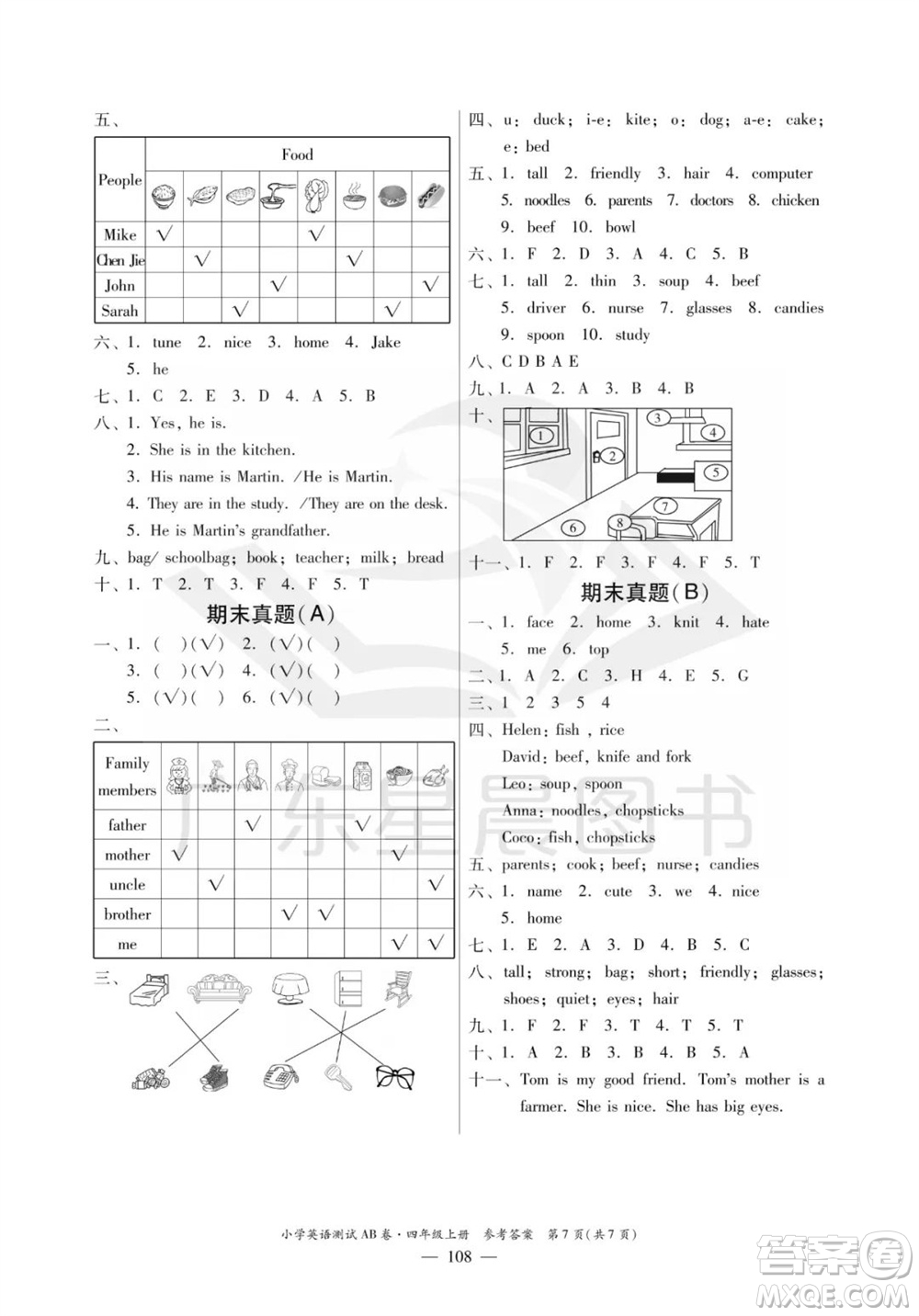 華南理工大學(xué)出版社2023年秋小學(xué)英語測試AB卷四年級上冊人教版佛山專版參考答案