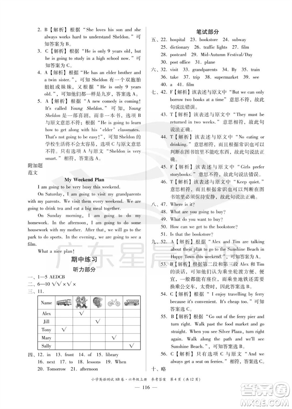 華南理工大學(xué)出版社2023年秋小學(xué)英語測(cè)試AB卷六年級(jí)上冊(cè)人教版佛山專版參考答案