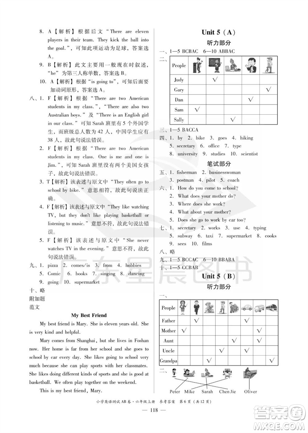 華南理工大學(xué)出版社2023年秋小學(xué)英語測(cè)試AB卷六年級(jí)上冊(cè)人教版佛山專版參考答案