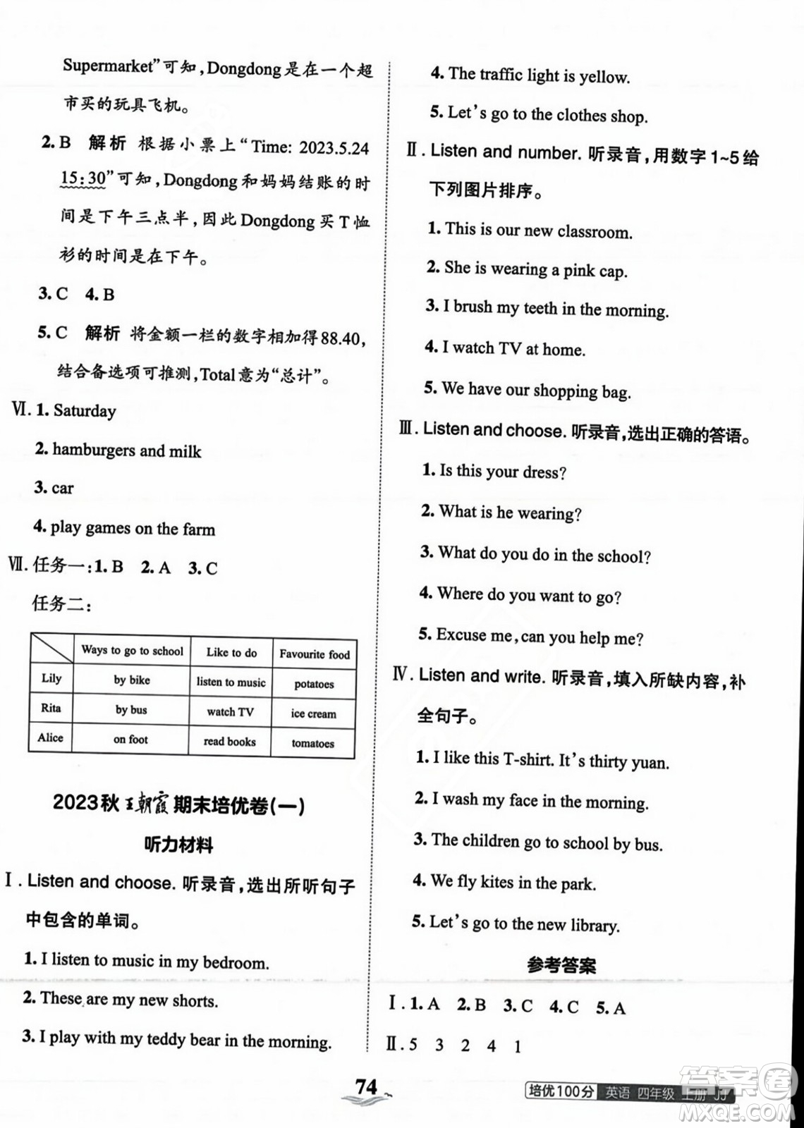 江西人民出版社2023年秋王朝霞培優(yōu)100分四年級英語上冊冀教版答案