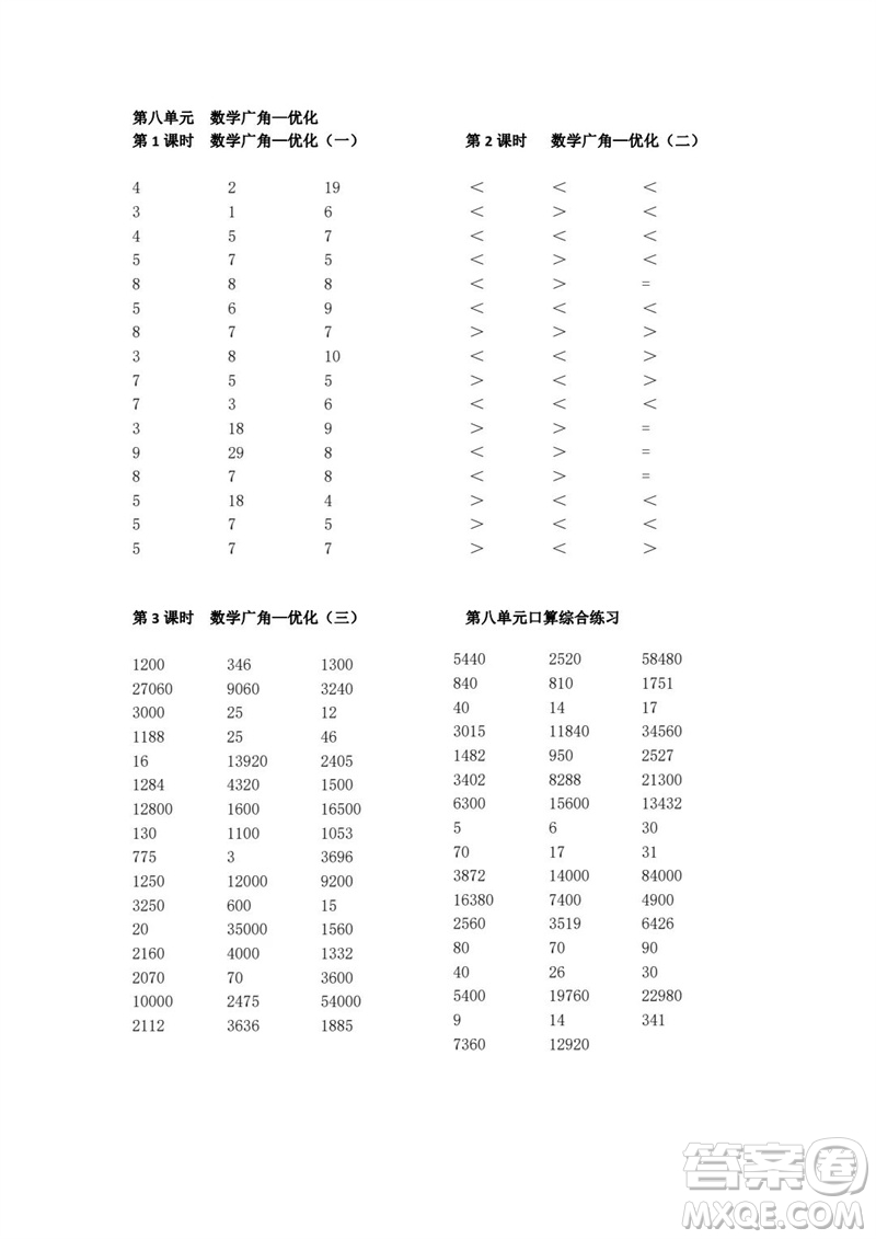 吉林出版集團股份有限公司2023年秋小學數學口算速算心算四年級上冊人教版參考答案