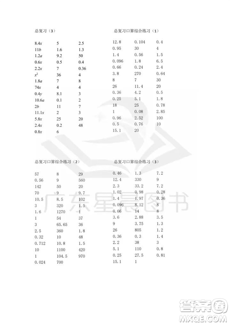 吉林出版集團(tuán)股份有限公司2023年秋小學(xué)數(shù)學(xué)口算速算心算五年級(jí)上冊(cè)人教版參考答案