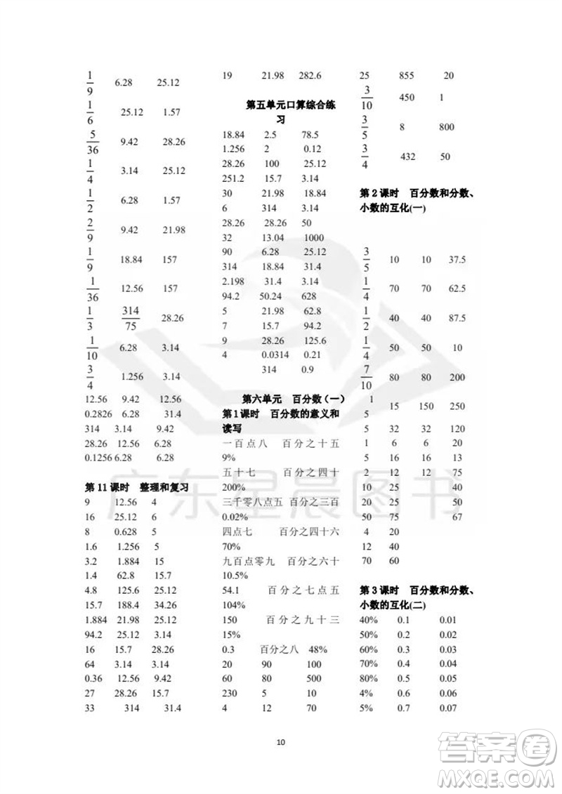 吉林出版集團股份有限公司2023年秋小學數(shù)學口算速算心算六年級上冊人教版參考答案