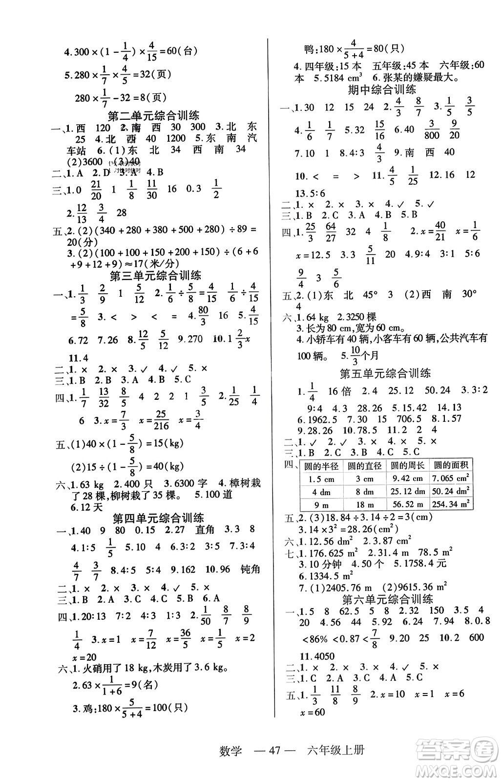 二十一世紀出版社2023年秋新課程新練習(xí)六年級數(shù)學(xué)上冊人教版答案