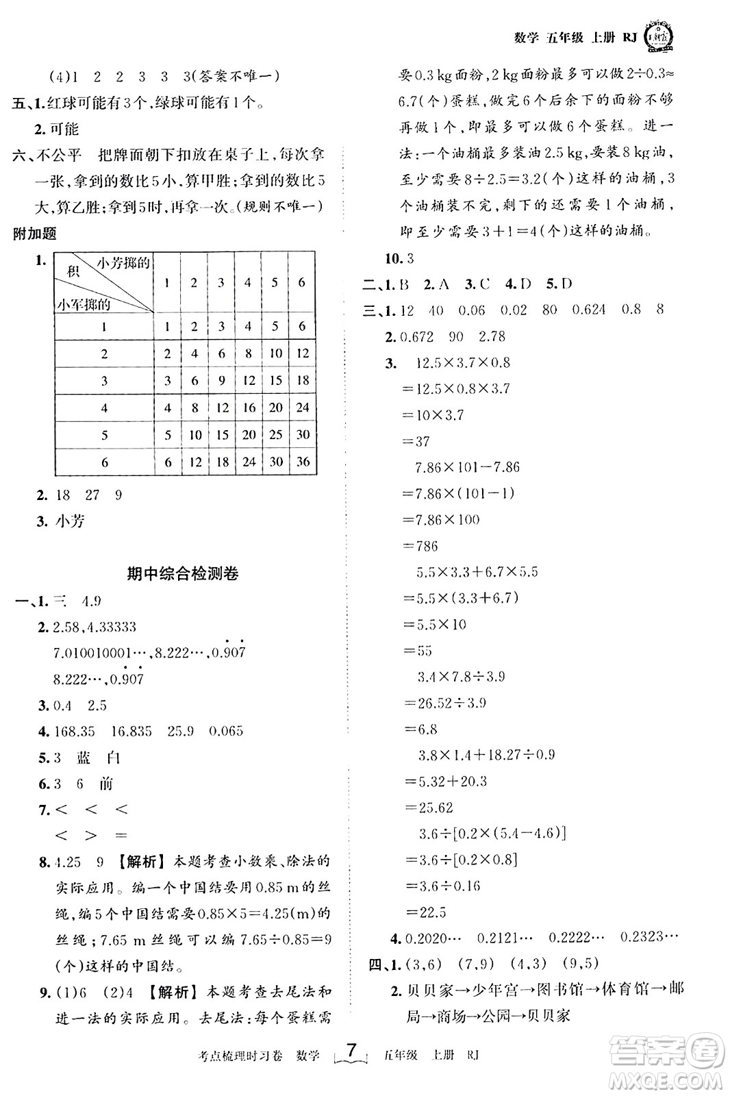 江西人民出版社2023年秋王朝霞考點(diǎn)梳理時(shí)習(xí)卷五年級(jí)數(shù)學(xué)上冊(cè)人教版答案