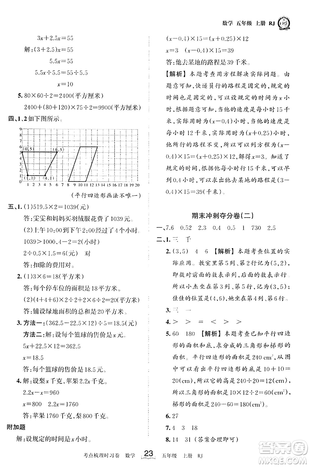 江西人民出版社2023年秋王朝霞考點(diǎn)梳理時(shí)習(xí)卷五年級(jí)數(shù)學(xué)上冊(cè)人教版答案