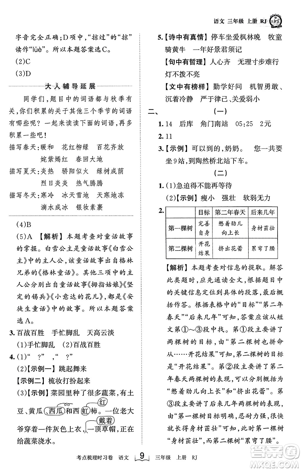 江西人民出版社2023年秋王朝霞考點梳理時習(xí)卷三年級語文上冊人教版答案