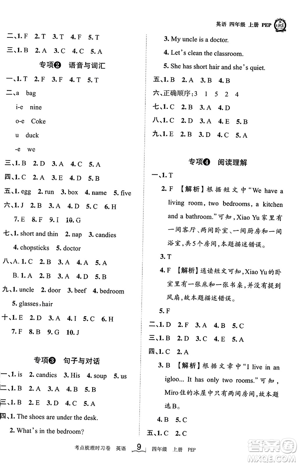 江西人民出版社2023年秋王朝霞考點(diǎn)梳理時(shí)習(xí)卷四年級(jí)英語(yǔ)上冊(cè)人教PEP版答案