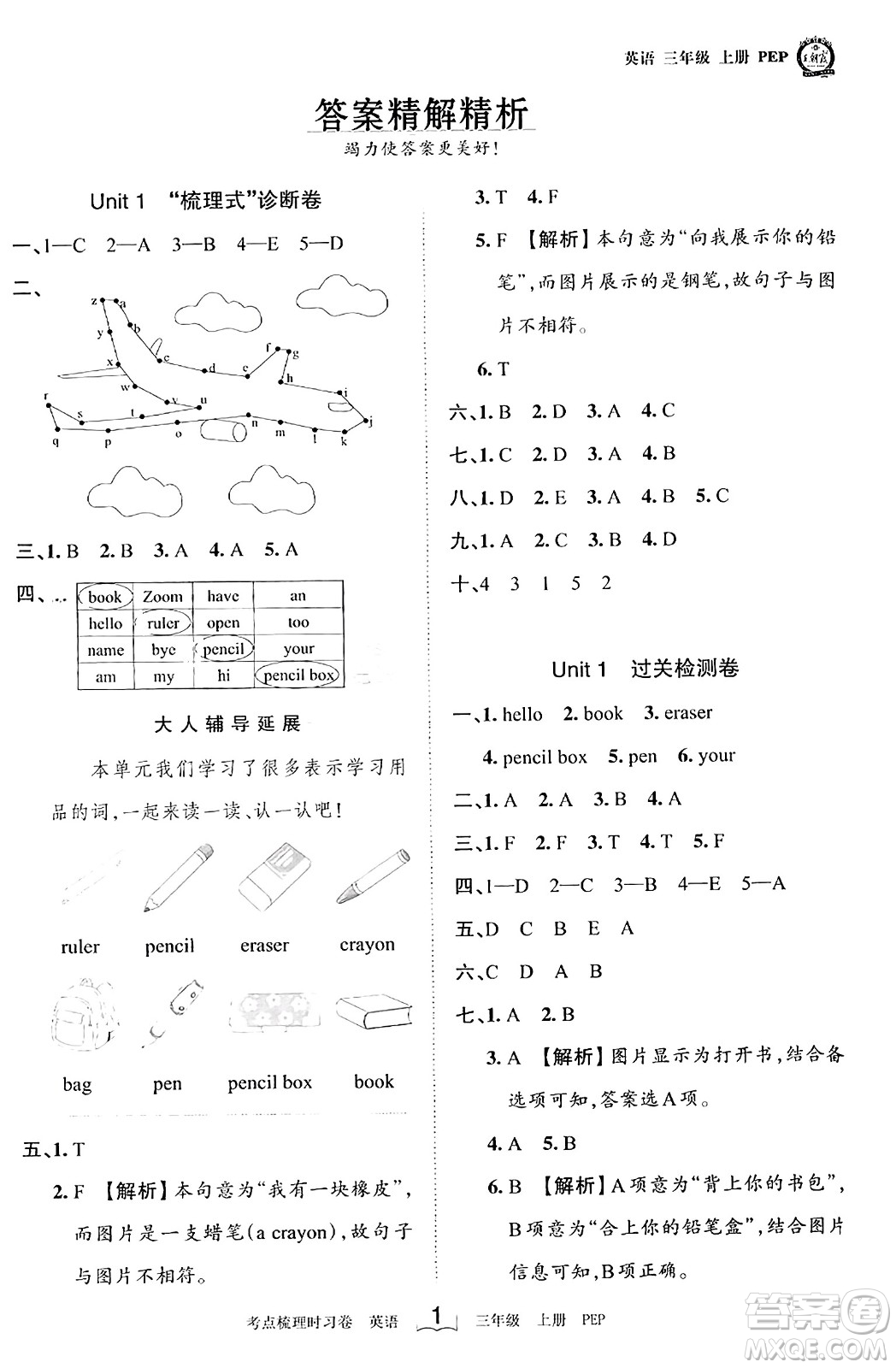 江西人民出版社2023年秋王朝霞考點梳理時習(xí)卷三年級英語上冊人教PEP版答案