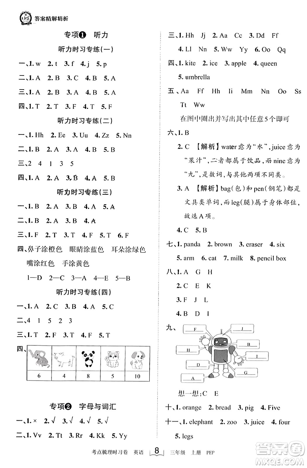 江西人民出版社2023年秋王朝霞考點梳理時習(xí)卷三年級英語上冊人教PEP版答案