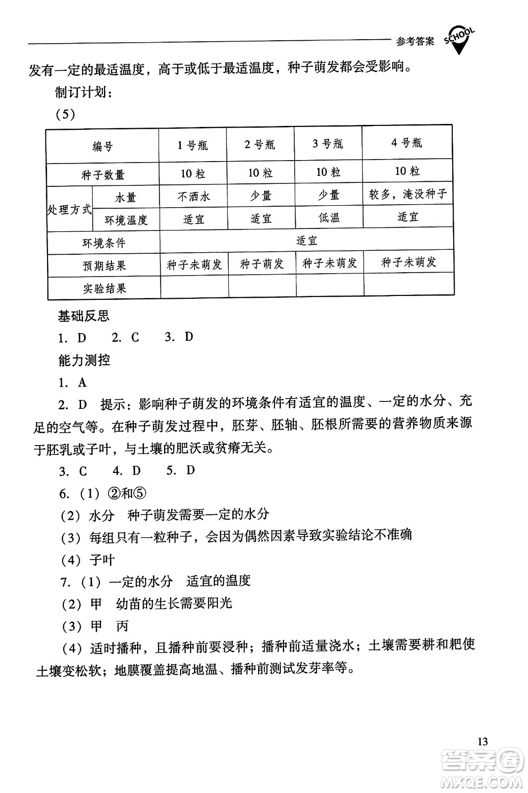 山西教育出版社2023年秋新課程問題解決導學方案七年級生物上冊人教版答案