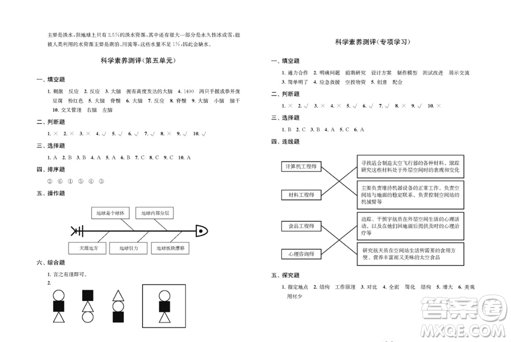 江蘇鳳凰教育出版社2023年小學(xué)科學(xué)實(shí)驗(yàn)冊(cè)五年級(jí)上冊(cè)蘇教版雙色版參考答案