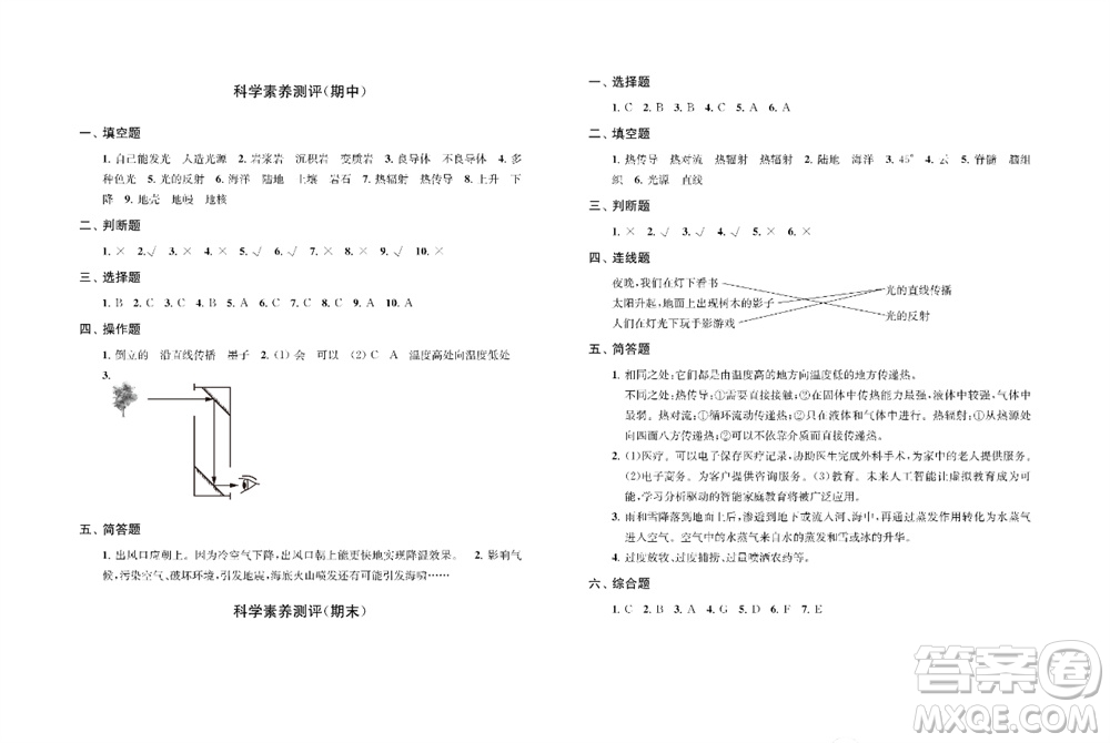 江蘇鳳凰教育出版社2023年小學(xué)科學(xué)實(shí)驗(yàn)冊(cè)五年級(jí)上冊(cè)蘇教版雙色版參考答案