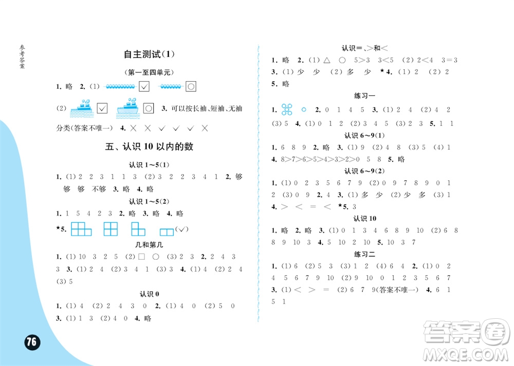 江蘇鳳凰教育出版社2023年秋練習(xí)與測(cè)試小學(xué)數(shù)學(xué)一年級(jí)上冊(cè)蘇教版提優(yōu)版參考答案