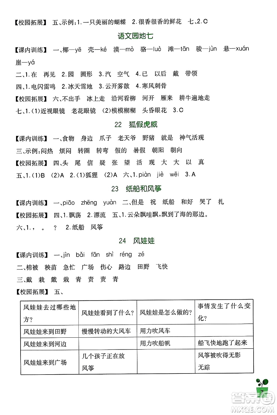 四川教育出版社2023年秋新課標小學(xué)生學(xué)習(xí)實踐園地二年級語文上冊人教版答案