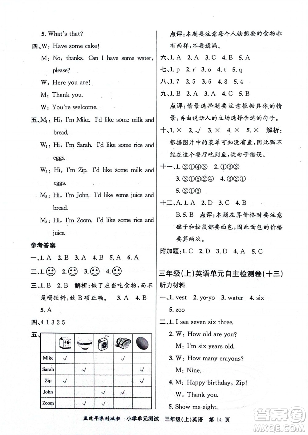 浙江工商大學(xué)出版社2023年秋孟建平小學(xué)單元測試英語三年級上冊人教版參考答案