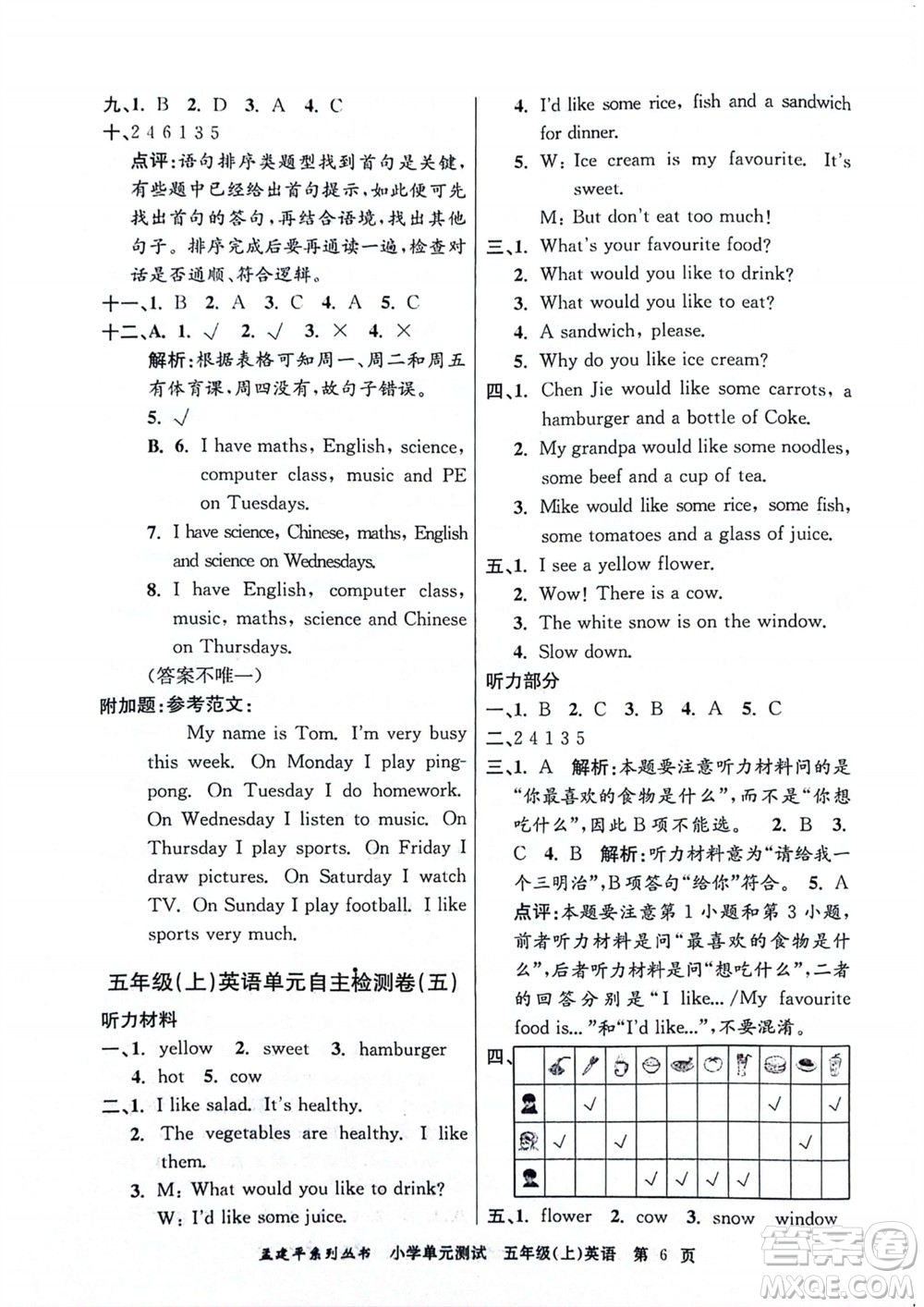 浙江工商大學出版社2023年秋孟建平小學單元測試英語五年級上冊人教版參考答案