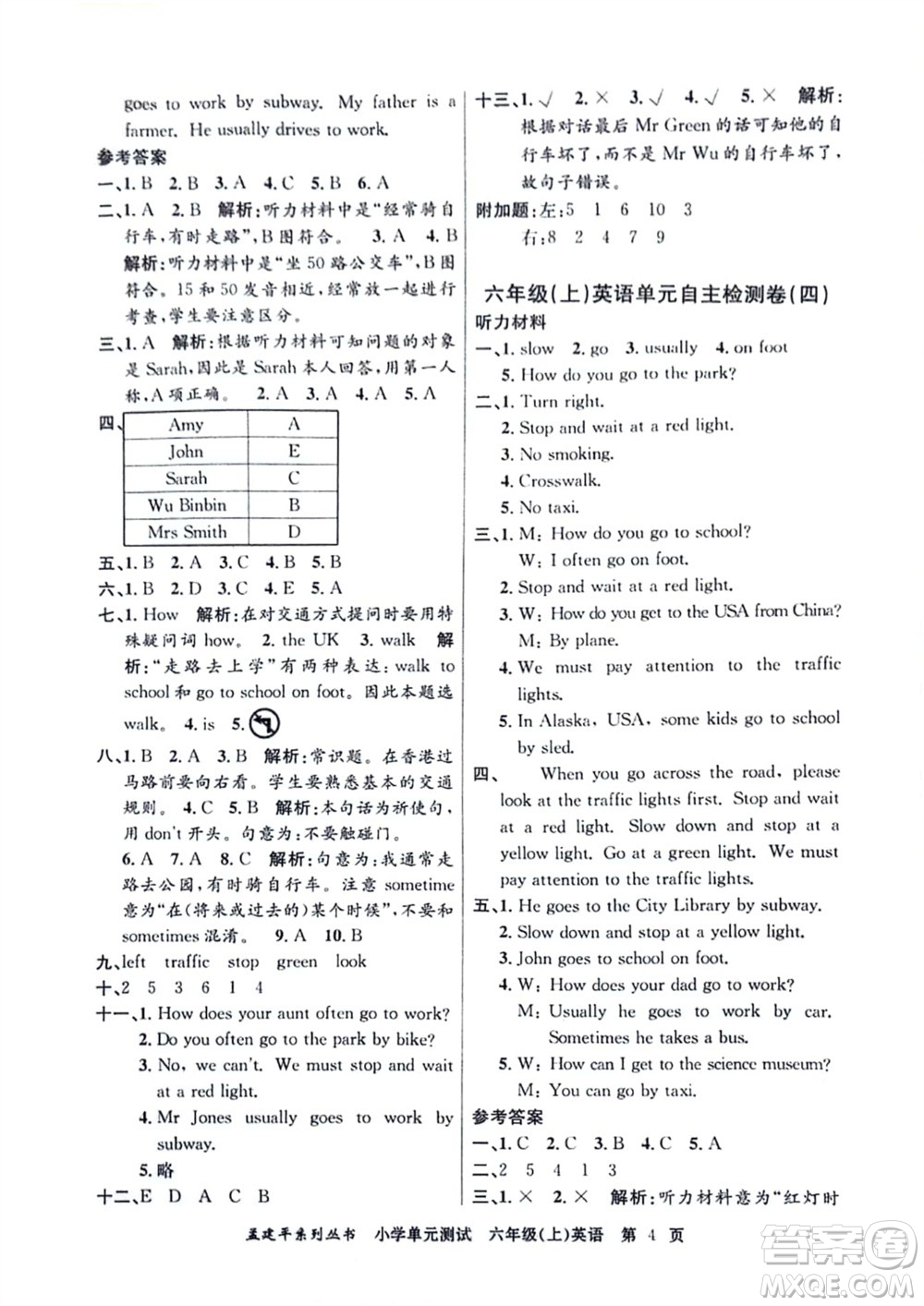 浙江工商大學出版社2023年秋孟建平小學單元測試英語六年級上冊人教版參考答案