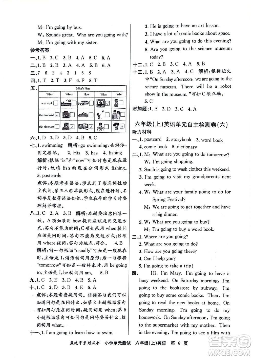 浙江工商大學出版社2023年秋孟建平小學單元測試英語六年級上冊人教版參考答案