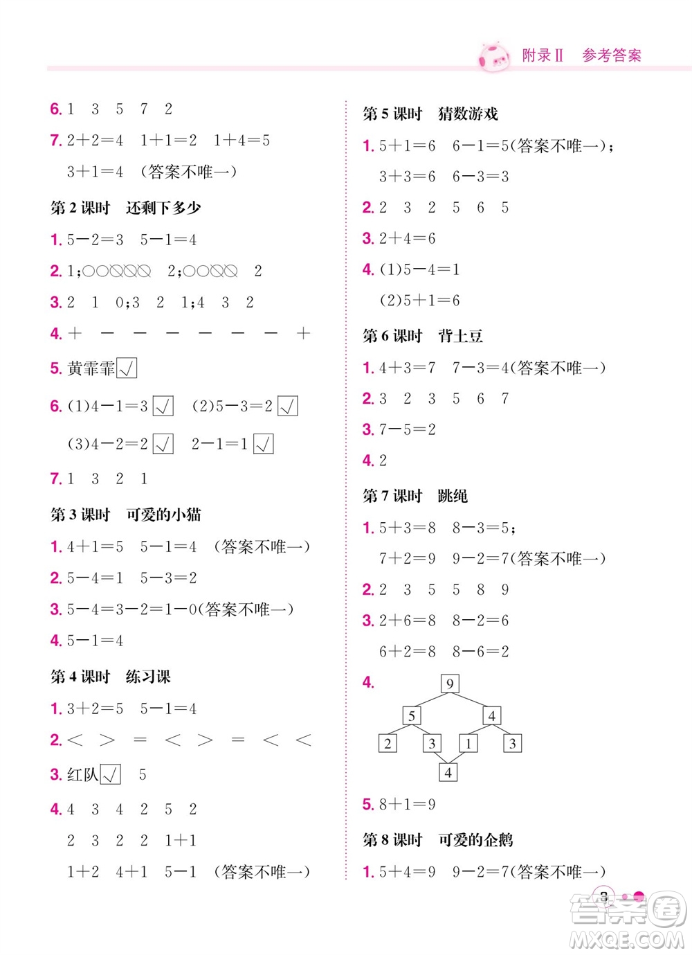 龍門書局2023年秋黃岡小狀元練重點培優(yōu)同步作業(yè)一年級數(shù)學(xué)上冊北師大版參考答案