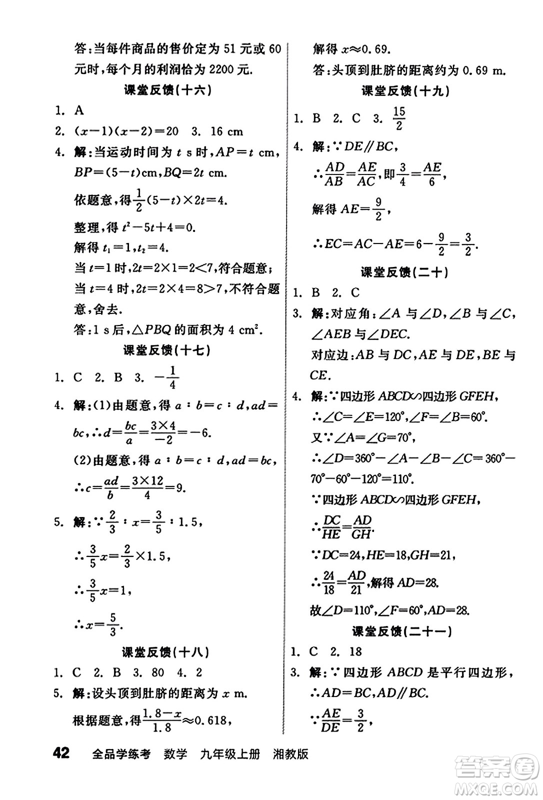 陽光出版社2023年秋全品學(xué)練考九年級(jí)數(shù)學(xué)上冊湘教版答案