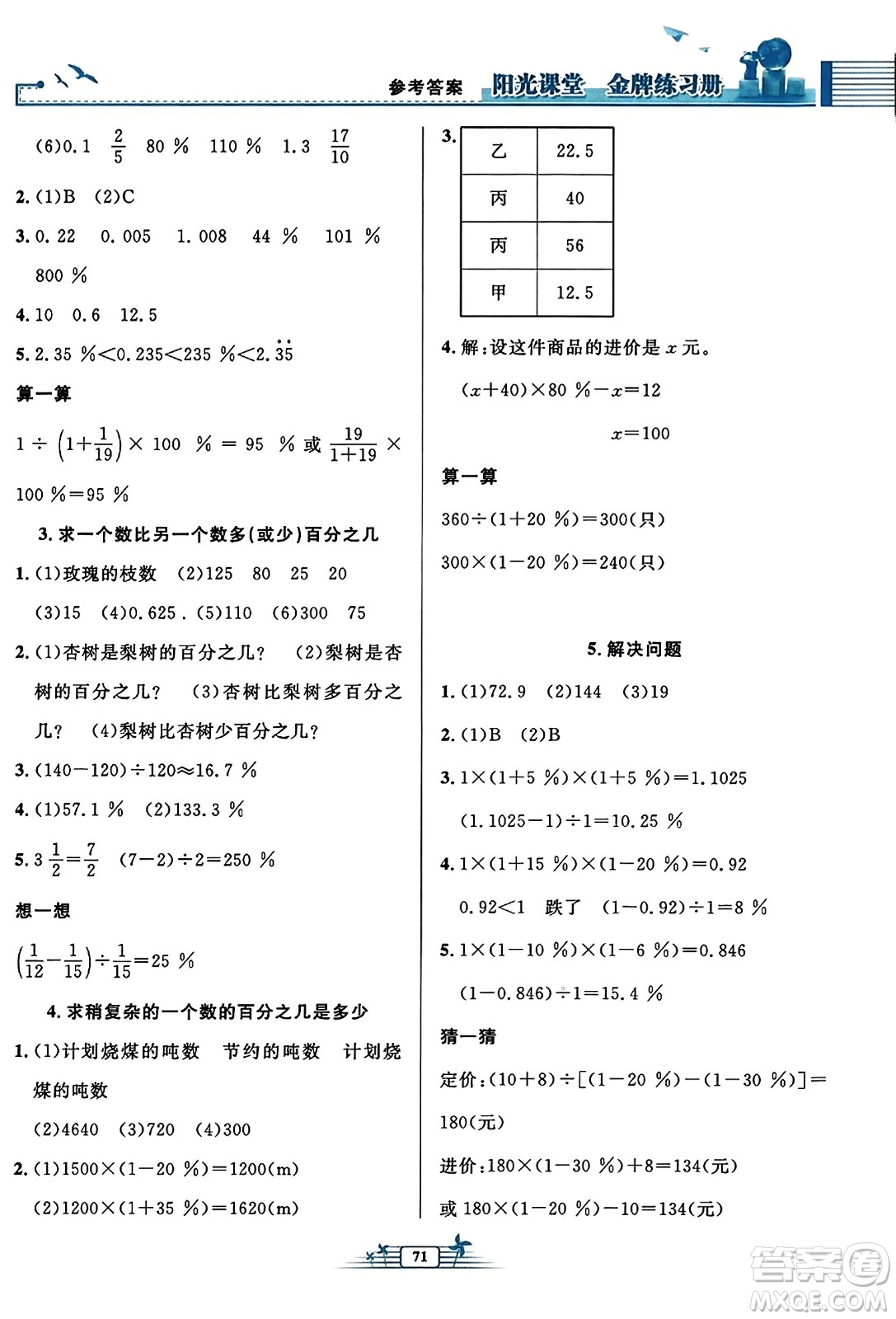 人民教育出版社2023年秋陽(yáng)光課堂金牌練習(xí)冊(cè)六年級(jí)數(shù)學(xué)上冊(cè)人教版福建專(zhuān)版答案