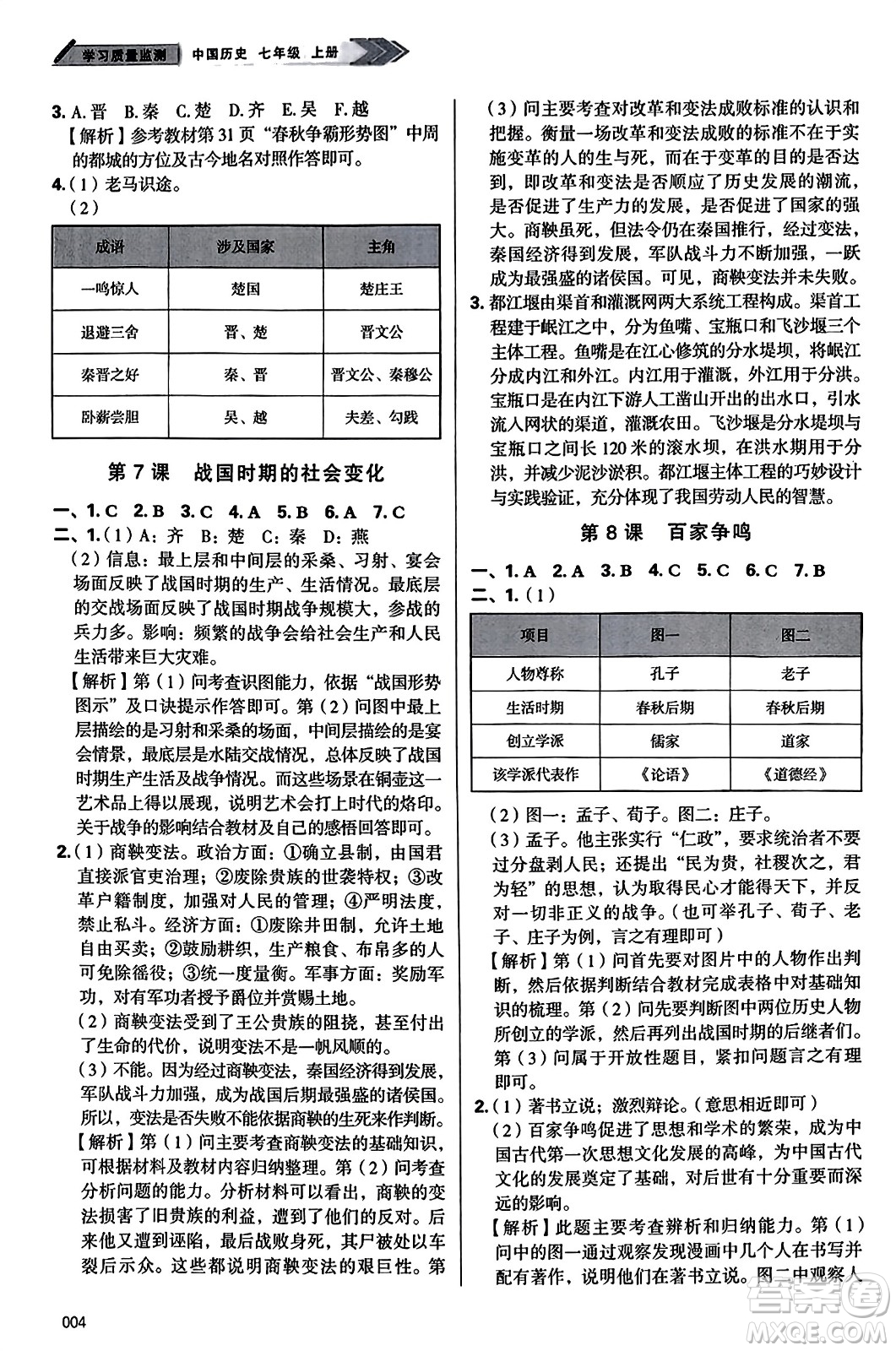 天津教育出版社2023年秋學習質量監(jiān)測七年級中國歷史上冊人教版答案