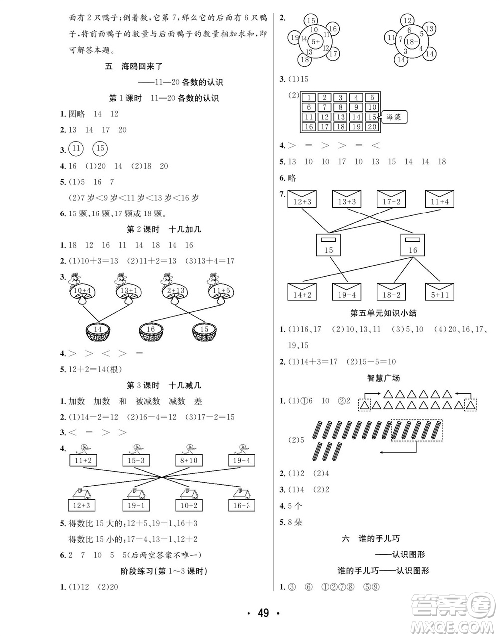 合肥工業(yè)大學(xué)出版社2023年秋七天學(xué)練考一年級(jí)數(shù)學(xué)上冊(cè)青島版參考答案