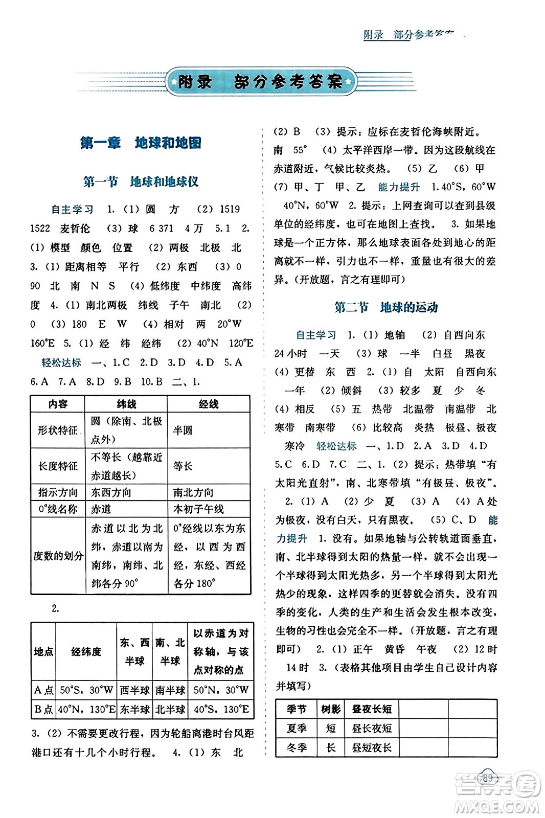 廣西教育出版社2023年秋自主學習能力測評七年級地理上冊人教版答案