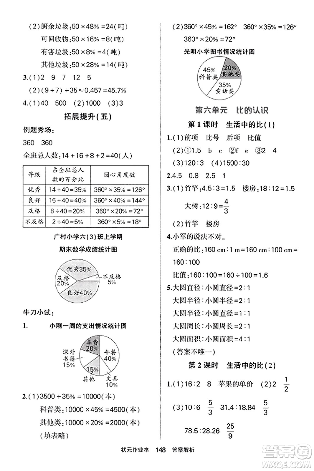 武漢出版社2023年秋狀元成才路狀元作業(yè)本六年級(jí)數(shù)學(xué)上冊(cè)北師大版答案