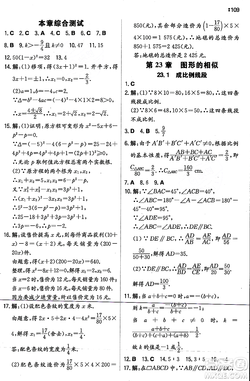 湖南教育出版社2023年秋一本同步訓(xùn)練九年級(jí)數(shù)學(xué)上冊(cè)華東師大版答案