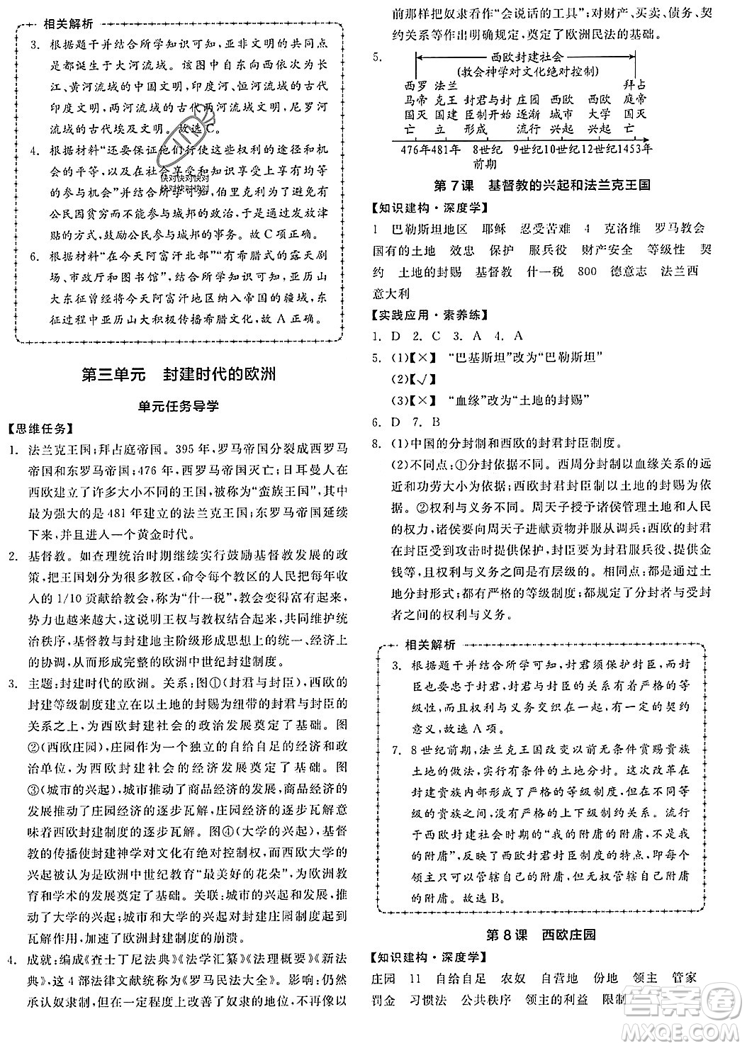 陽光出版社2023年秋全品作業(yè)本九年級(jí)世界歷史上冊(cè)通用版安徽專版答案