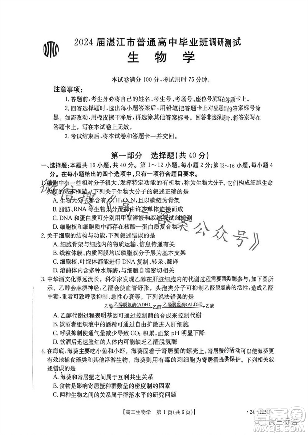 湛江市2024屆高三10月調(diào)研測試24-105C生物試卷答案