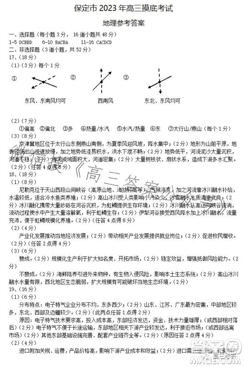 保定市2024屆高三10月份摸底考試地理試題答案