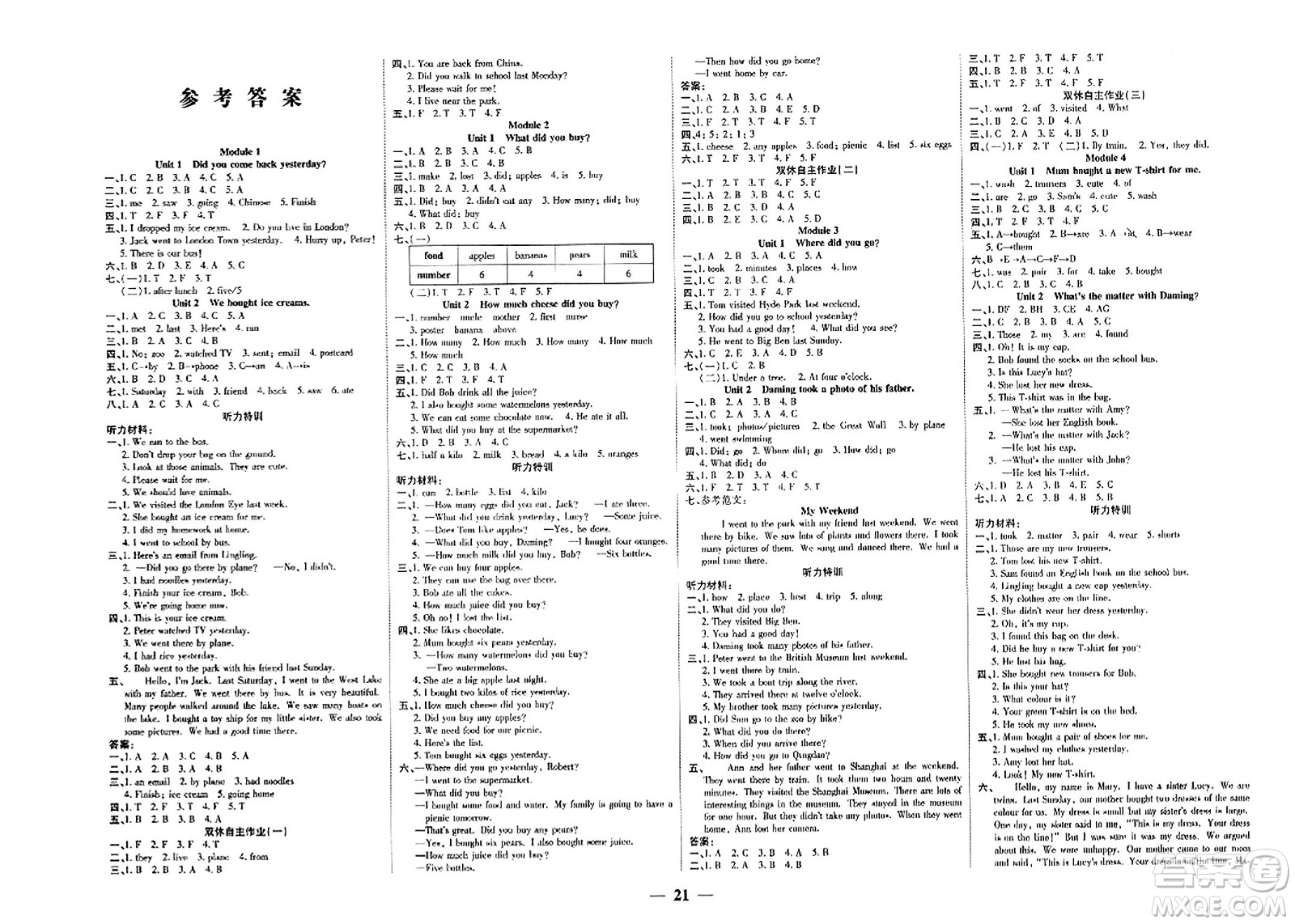 陽光出版社2023年秋激活思維智能訓(xùn)練五年級(jí)英語上冊(cè)外研版答案