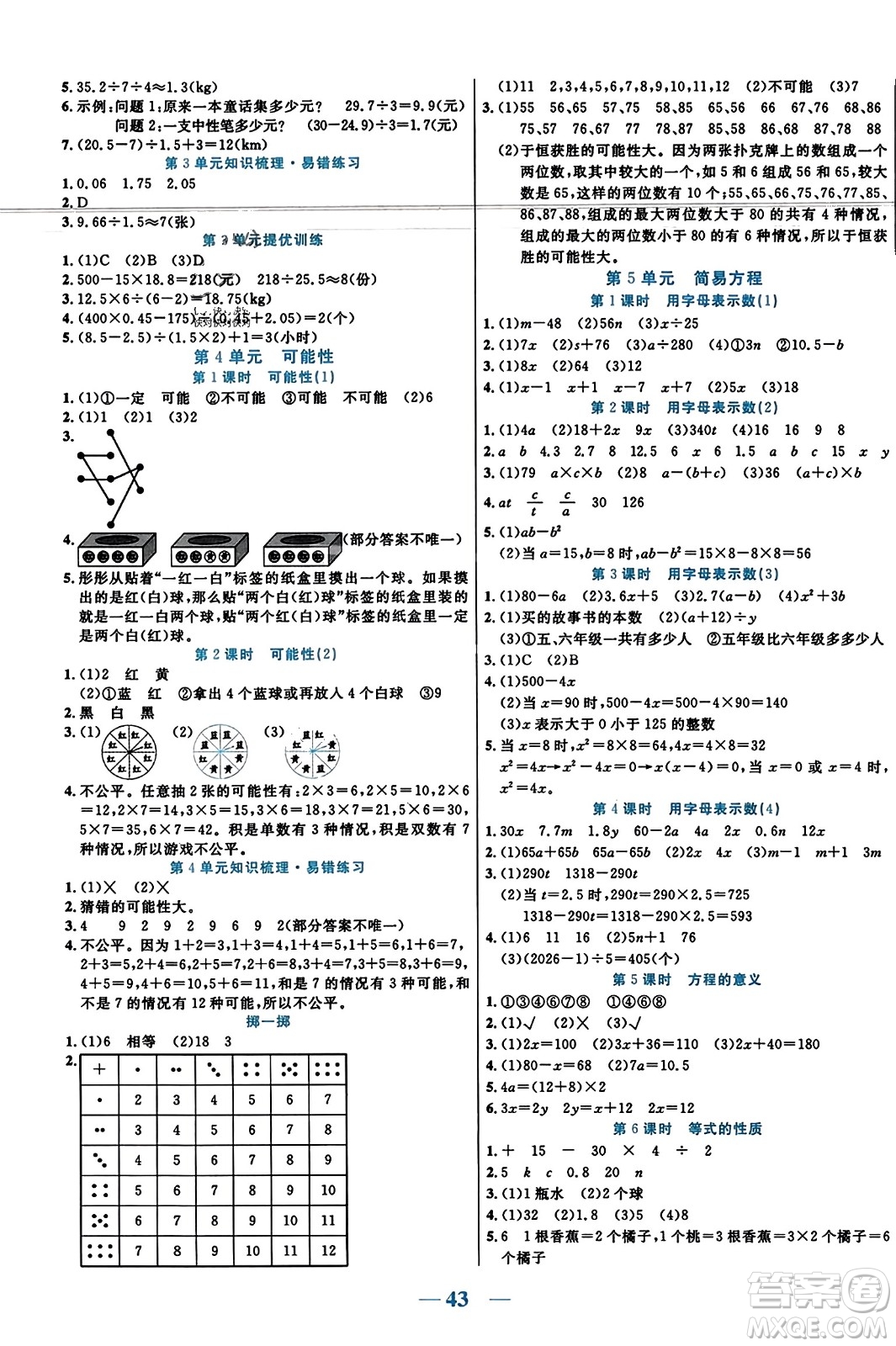 陽光出版社2023年秋激活思維智能訓(xùn)練五年級數(shù)學(xué)上冊人教版答案