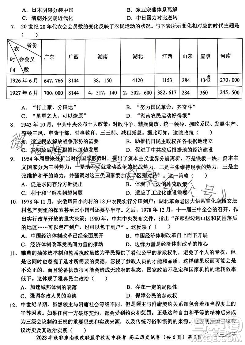 2023年秋鄂東南省級示范高中教育教學(xué)改革聯(lián)盟學(xué)校期中聯(lián)考高三歷史試題答案