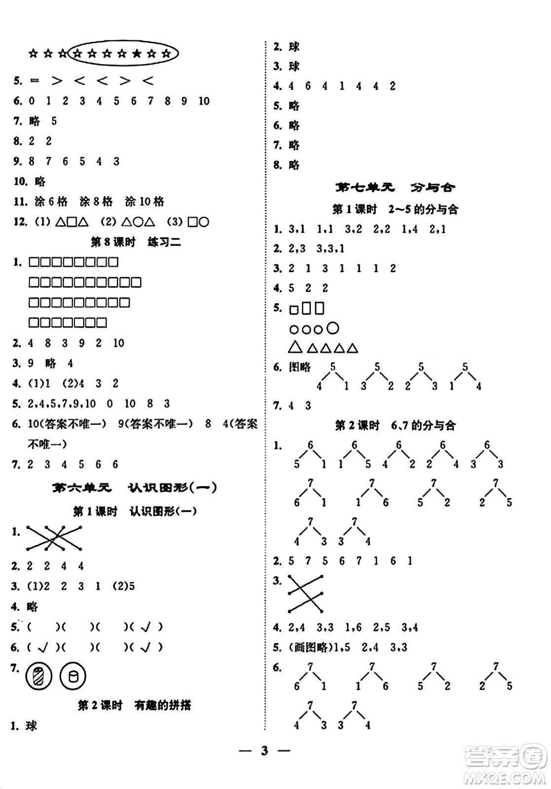 江蘇鳳凰美術(shù)出版社2023年秋隨堂練1+2一年級(jí)數(shù)學(xué)上冊(cè)江蘇版答案