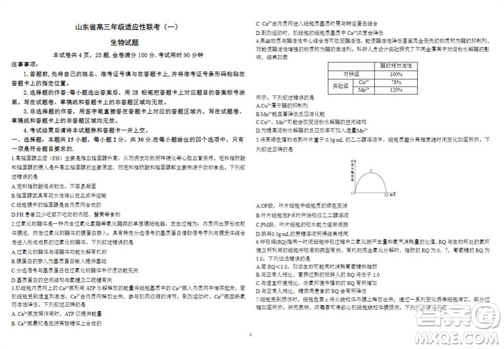 2024屆山東省高三年級(jí)適應(yīng)性聯(lián)考一生物試題答案