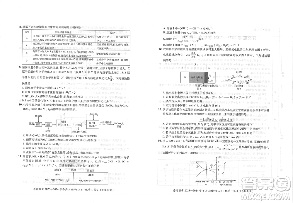 河南省普高聯(lián)考2023-2024學年高三測評三化學試卷答案