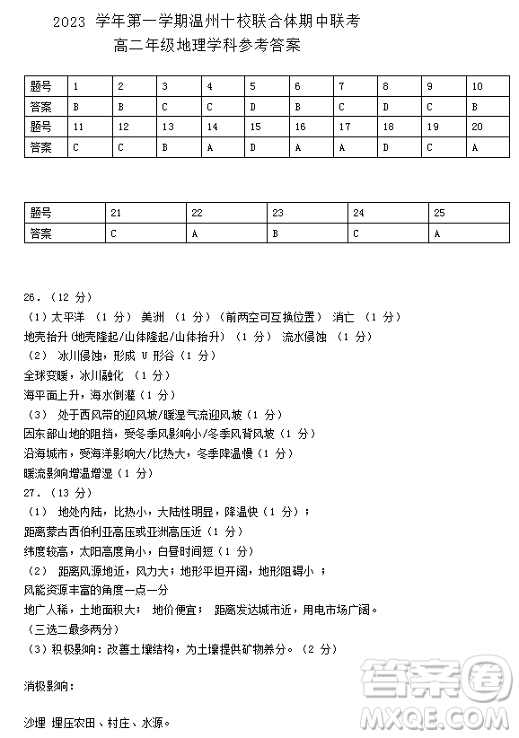 2023溫州十校聯(lián)合體高二上學(xué)期期中聯(lián)考地理試題答案