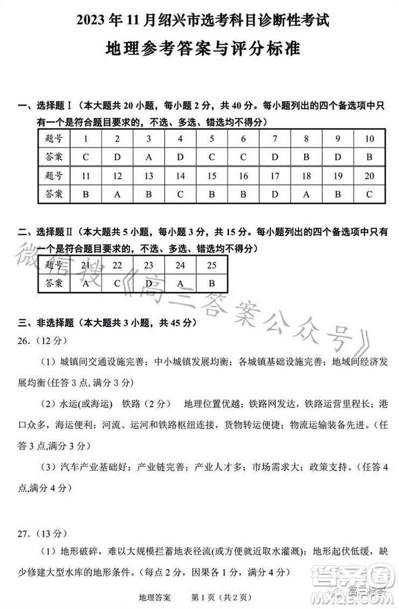 2023年11月紹興市高三上學(xué)期選考科目診斷性考試地理試題答案