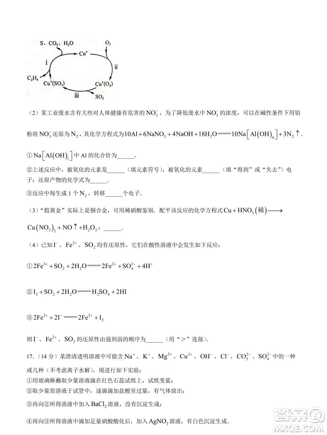 新高中創(chuàng)新聯(lián)盟TOP二十名校2023-2024學(xué)年高一上學(xué)期11月調(diào)研化學(xué)試題答案