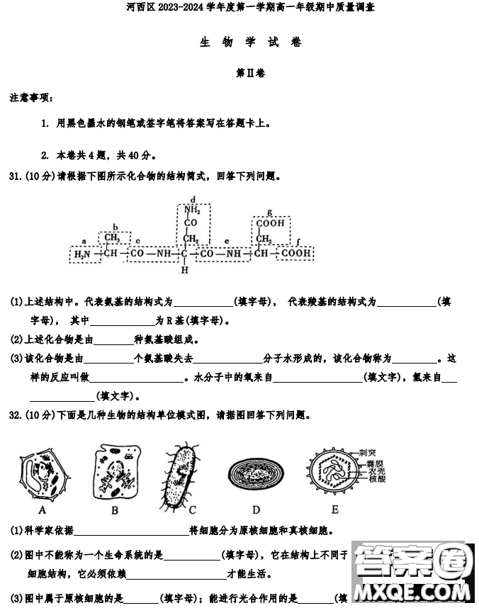 天津市河西區(qū)2023-2024高一上期中考試生物試題及答案