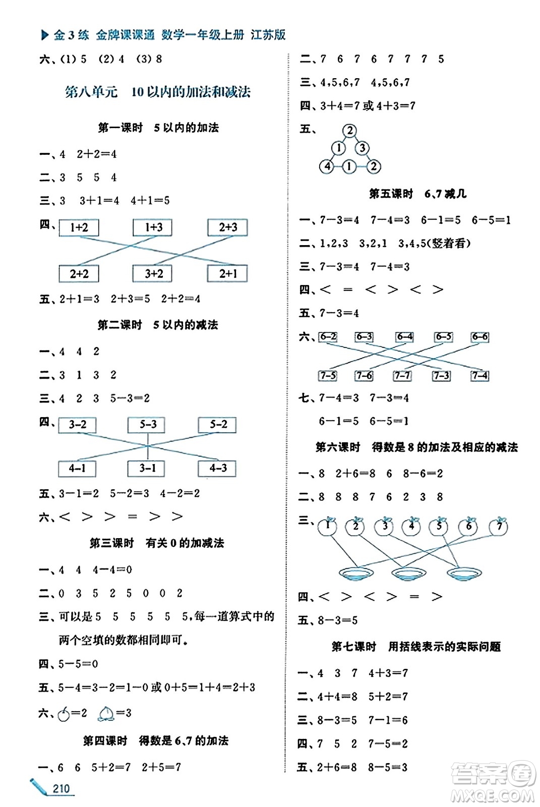 東南大學(xué)出版社2023年秋金3練金牌課課通一年級(jí)數(shù)學(xué)上冊江蘇版答案