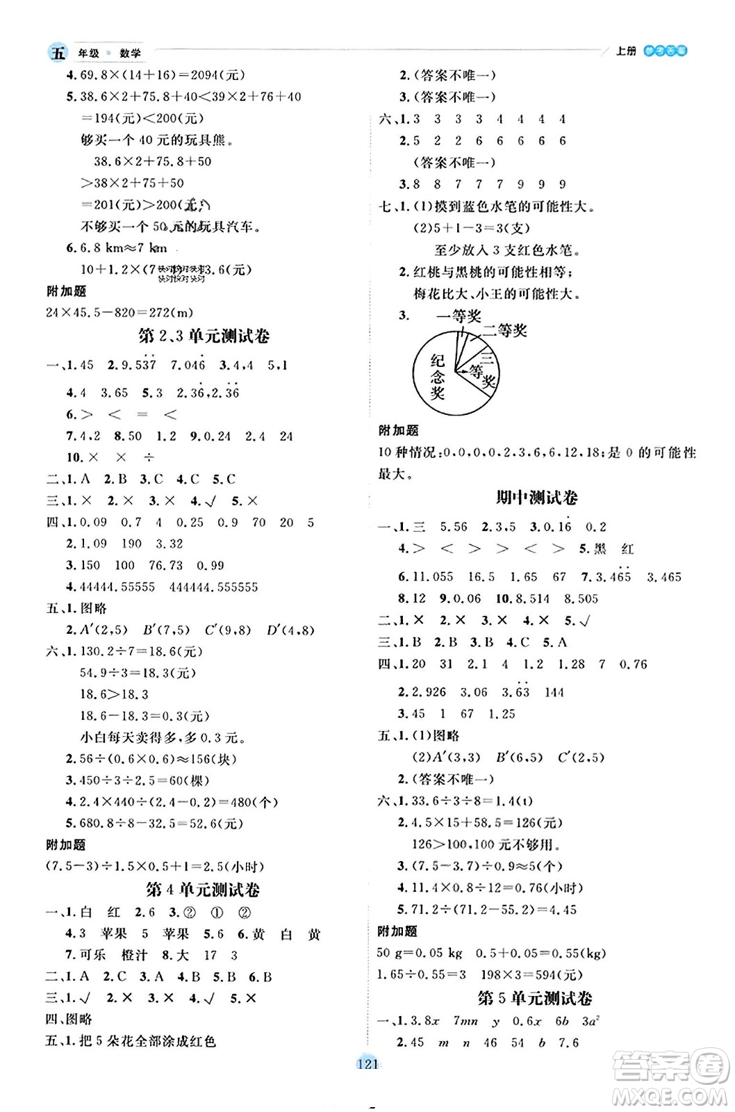 延邊人民出版社2023年秋優(yōu)秀生作業(yè)本五年級數(shù)學上冊人教版答案